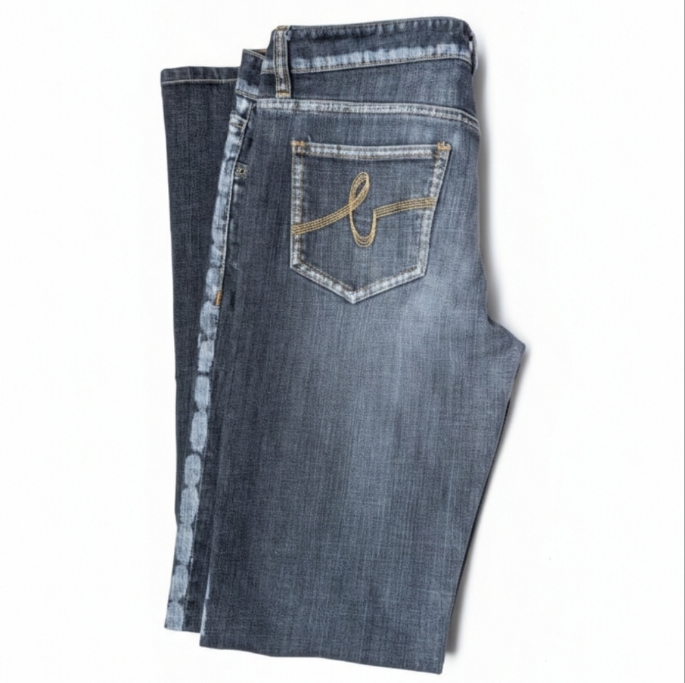 bebe Vintage Y2K Gray Blue Wash Painted Seams Distressed Boot Cut Jeans Size 29